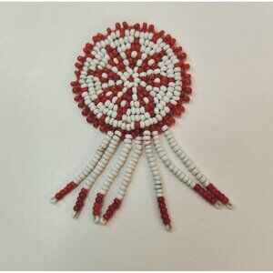 Native American Handmade Medallion Seed Bead Pin on Felt Flower Antique  3 in